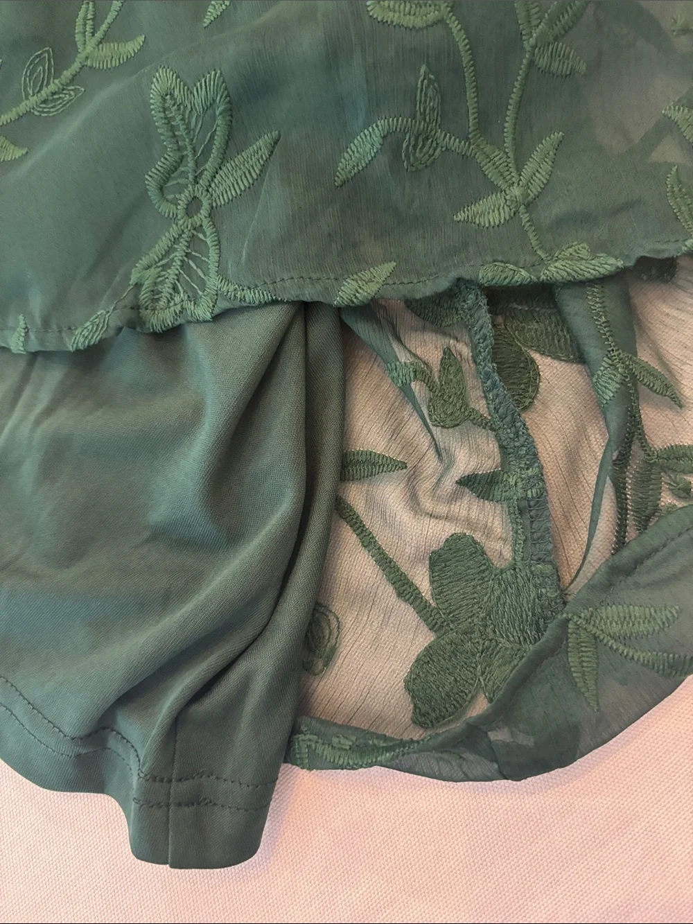 Lulu's Emerald Green V-Neck Floral Embroidered Sheer-Long Sleeve Mini Dress. Med